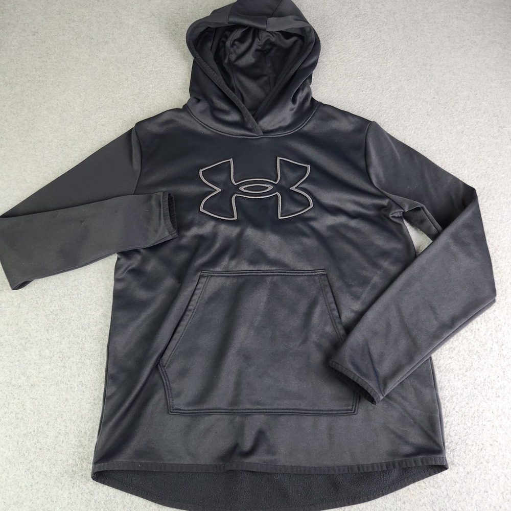 Under Armour Hoodie Womens Medium Black Big Logo Pullover Loose Fit Performance